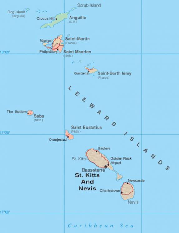 Mapa mostrando as Leeward Islands